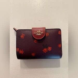 Coach Medium Corner Zip Wallet in Burgundy with red floral design